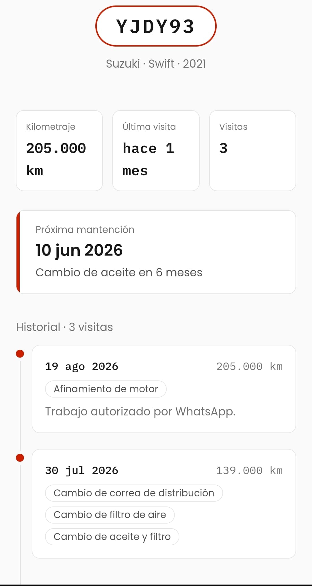 Historial de un vehículo, como lo ve el cliente al escanear su QR