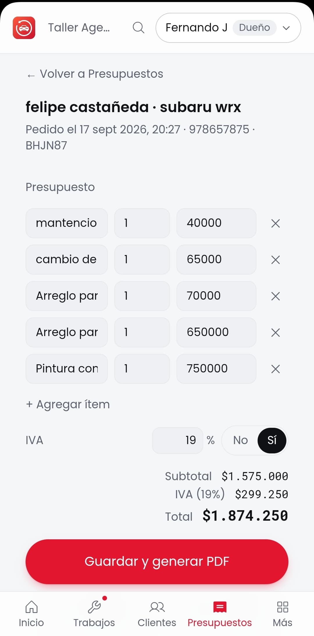 Presupuesto de AutoQR en PDF, con el logo del taller