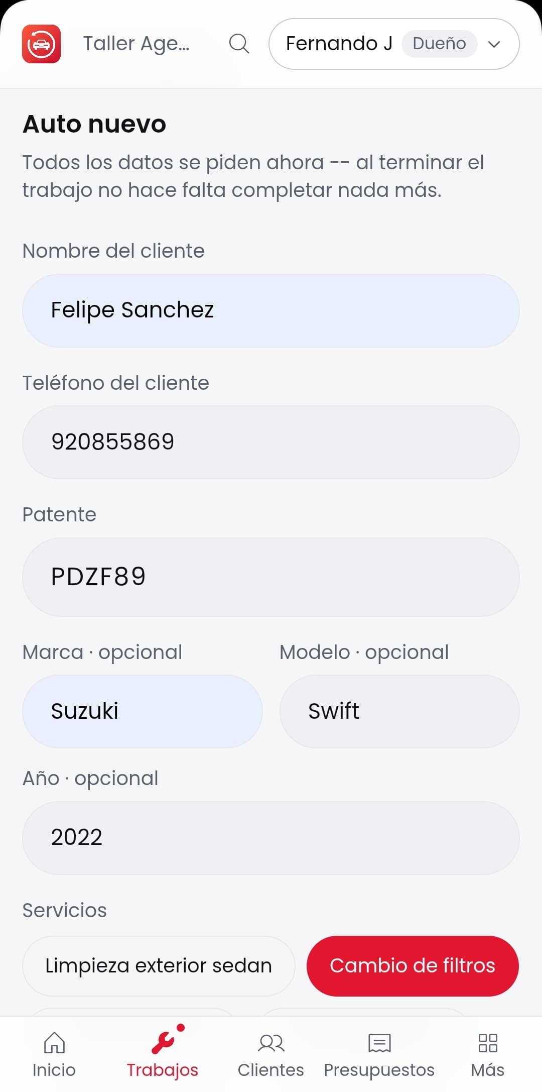 Formulario de AutoQR para registrar un trabajo nuevo